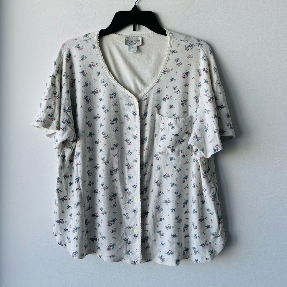 VTG Amanda Stewart Pajama Tee Shirt White Floral Babydoll Women M Cottagecore